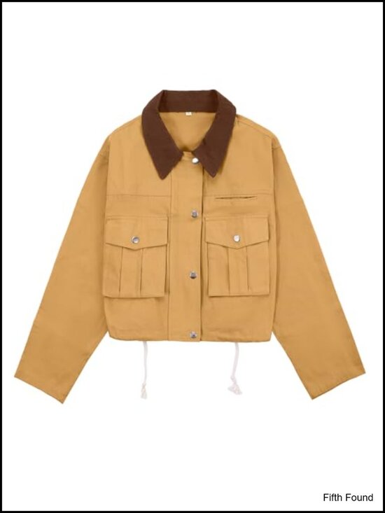 Jackets & Blazers - Cropped Cotton Utility Jacket with Contrast Collar Button Down Lightweight